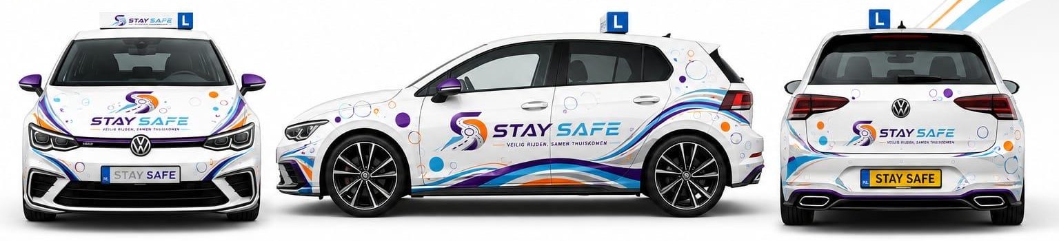 De lesauto's van Rijschool Stay Safe, van voren, opzij en achteren